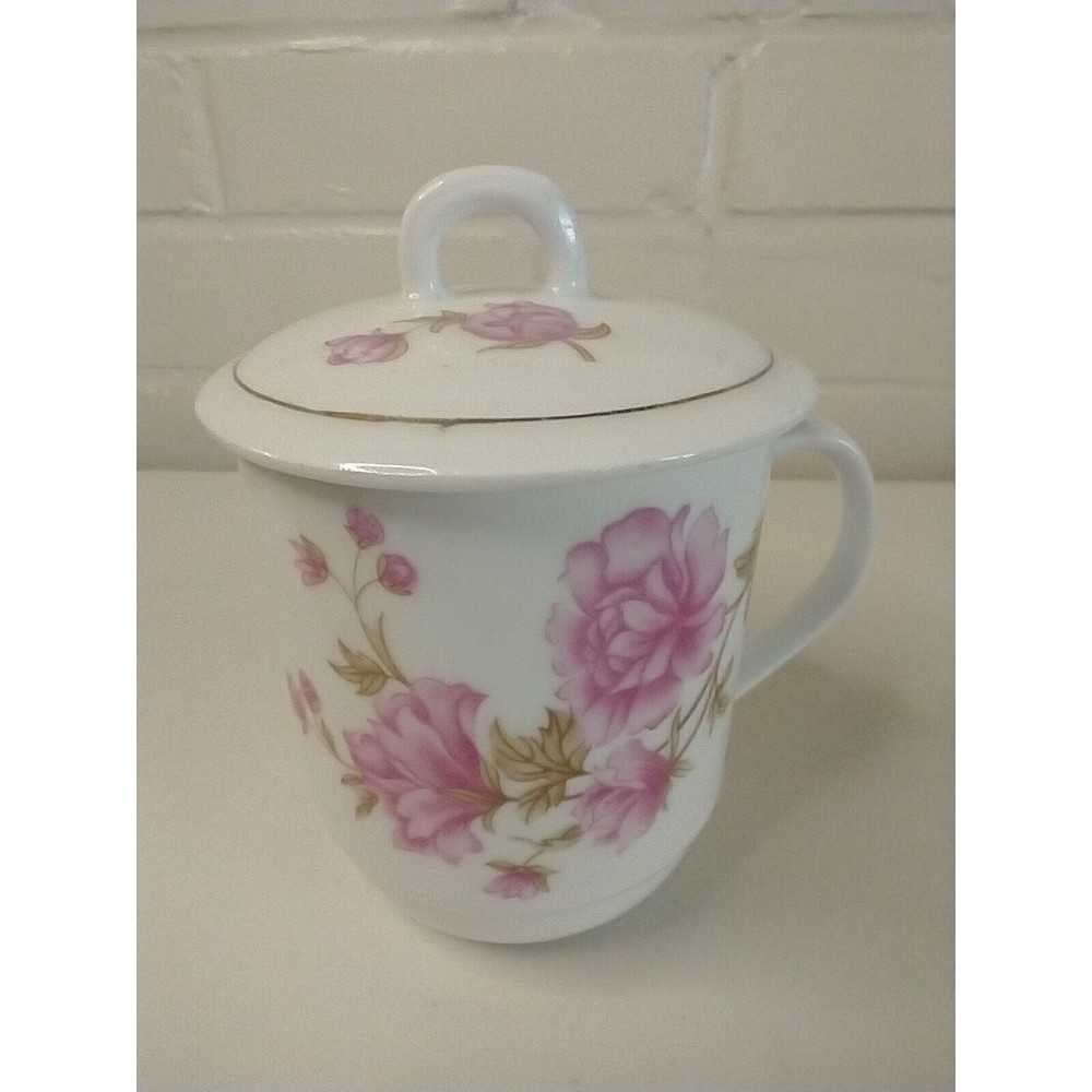 Bone China Tea Cup with Lid Pink Peony Porcelain Coffee Mug